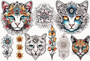 Cat colored flowers Mandala tattoo idea