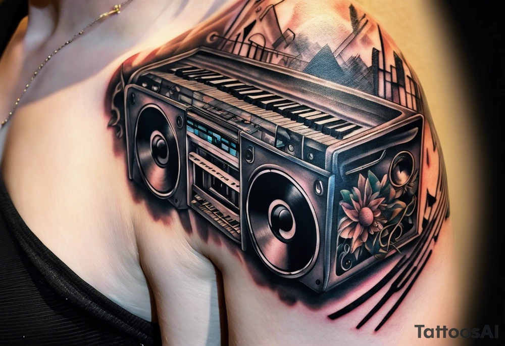 This tattoo features a stylized assembly of various music-related elements. At the center is a cassette tape with realistic details and proportions. It is overlaid with a keyboard, the keys extending outward on one side. Intertwined with these are abstract designs, including straight and wavy lines, geometric shapes like triangles, and scientific elements like an atom model. Additionally, a detailed avian creature perches on the tape, adding an organic touch to the otherwise geometric and mechanical motif. tattoo idea