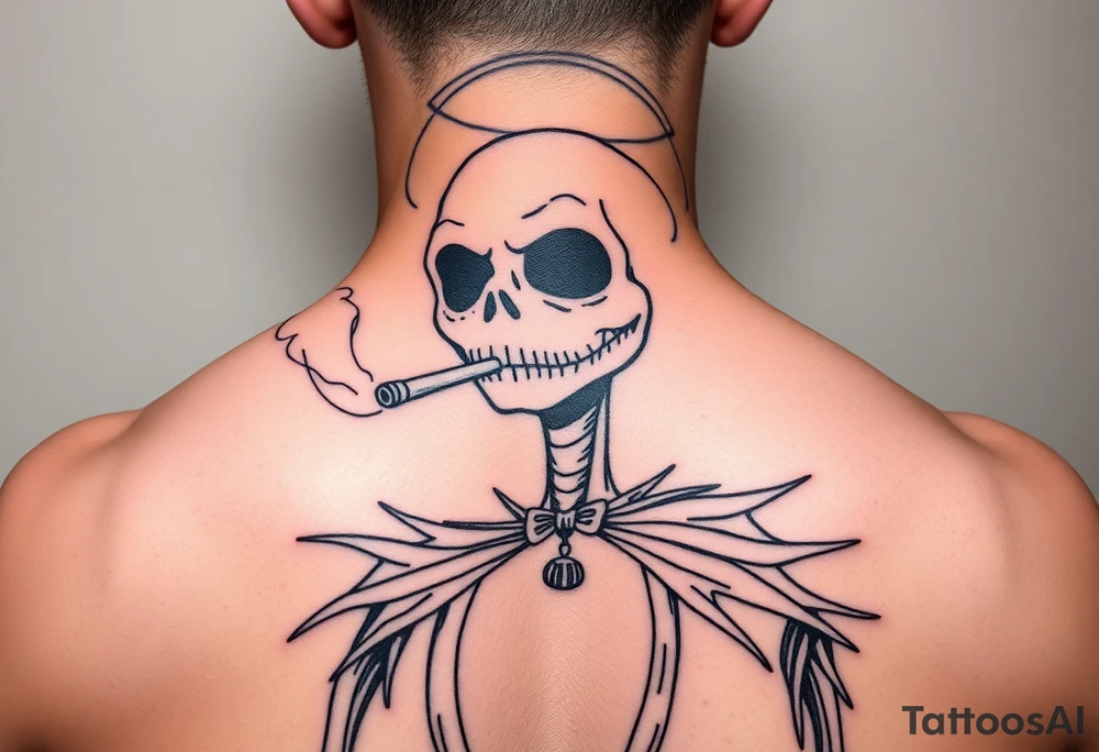 jack skellington smoking a blunt, with a halo over head, Christmas themed in heaven tattoo idea