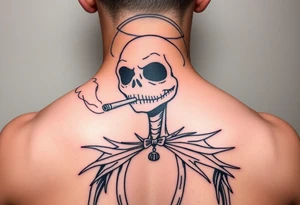 jack skellington smoking a blunt, with a halo over head, Christmas themed in heaven tattoo idea