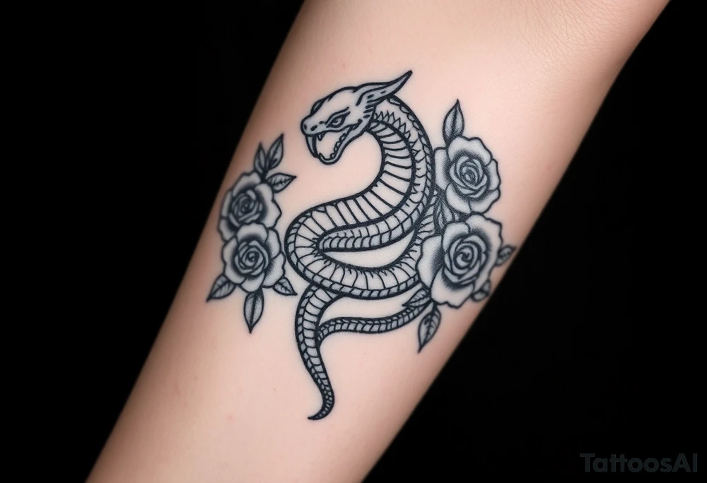 powerful majestic snake surrounded by rose ornaments tattoo idea