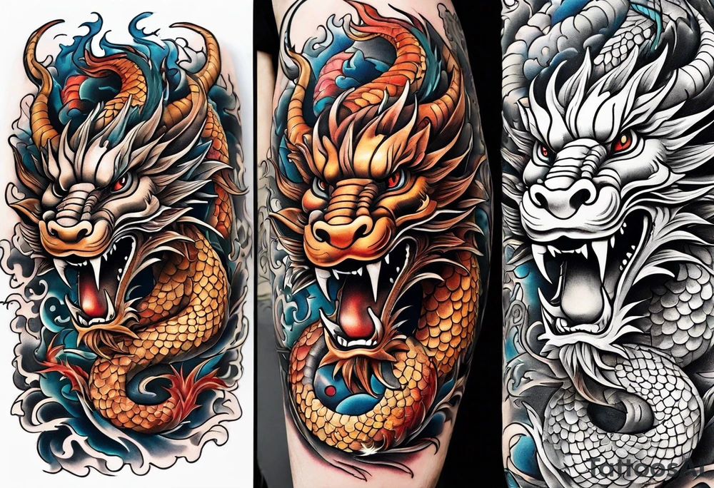 Create a detailed tattoo of Asian dragon wrapping around an anchor centered on taeguk. tattoo idea