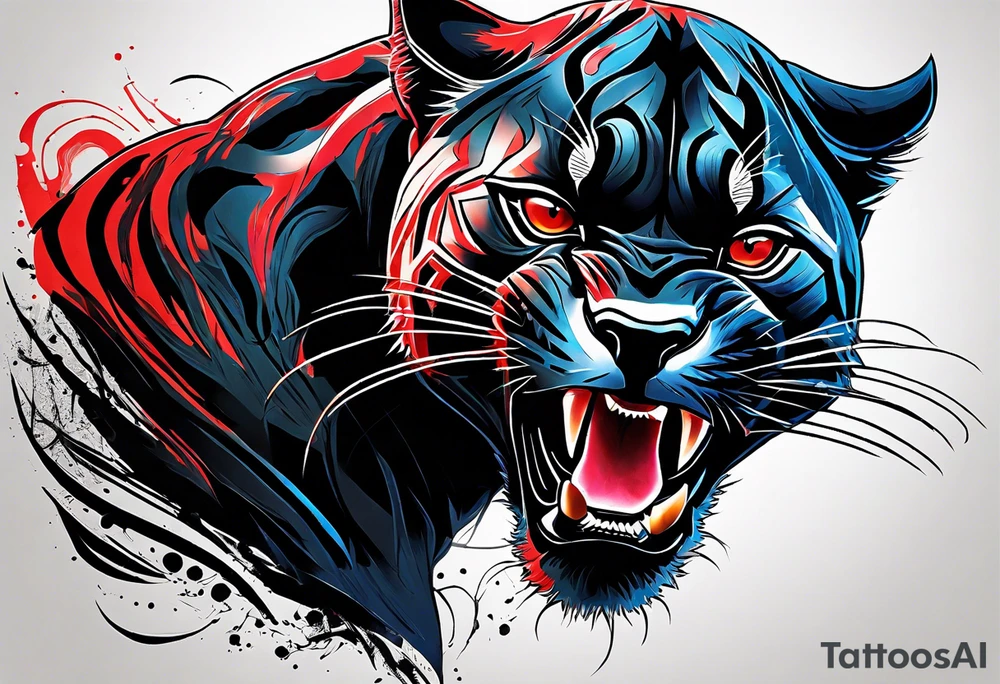 unique black panther tattoo, dynamic pose, showcasing its strength and grace, striking red eyes, intense and captivating elements, artistic flair, blending realism with abstract elements tattoo idea