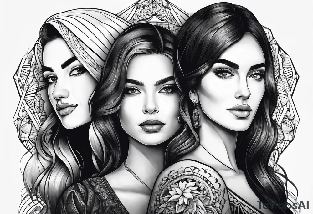 Three women's faces next to each other. The woman on the left a young woman18yo, the middle  is a mother40 yo the right is a grandmother 70yo tattoo idea