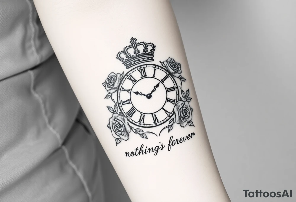 Roman clock with a crown, surrounded by 3 roses and a quote that says nothings forever tattoo idea