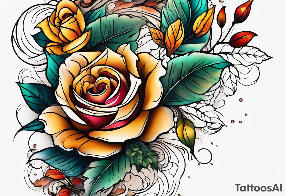 Front knee tattoo with fall colors, small flowers, rose, leaves, water flow and background tattoo idea