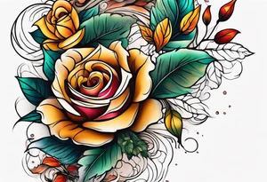 Front knee tattoo with fall colors, small flowers, rose, leaves, water flow and background tattoo idea