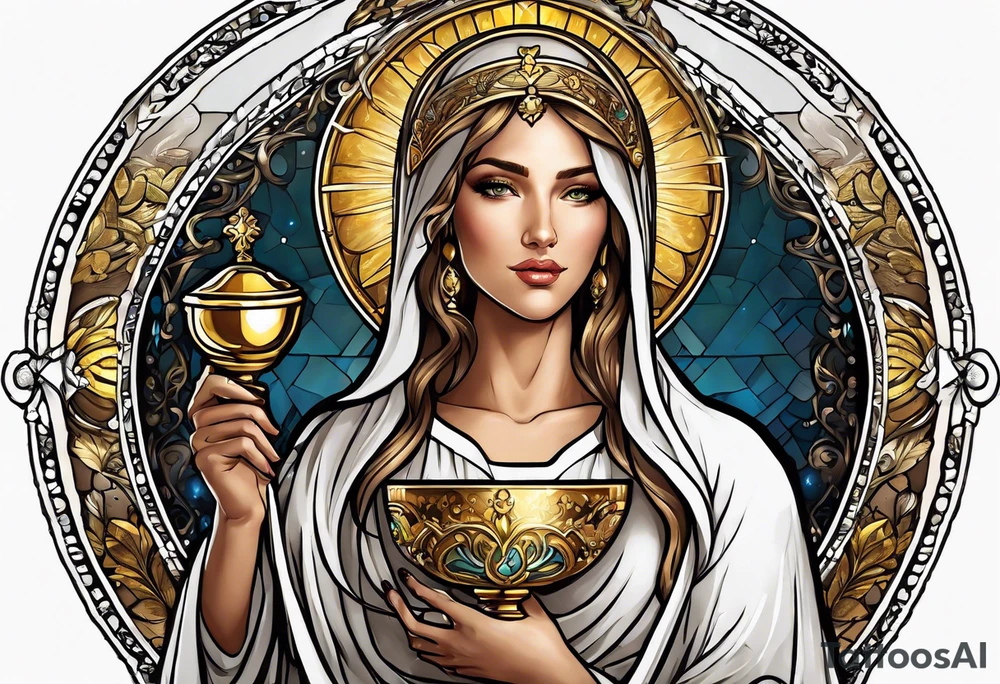 woman saint holding chalice surrounded by golden halo sideways tattoo idea