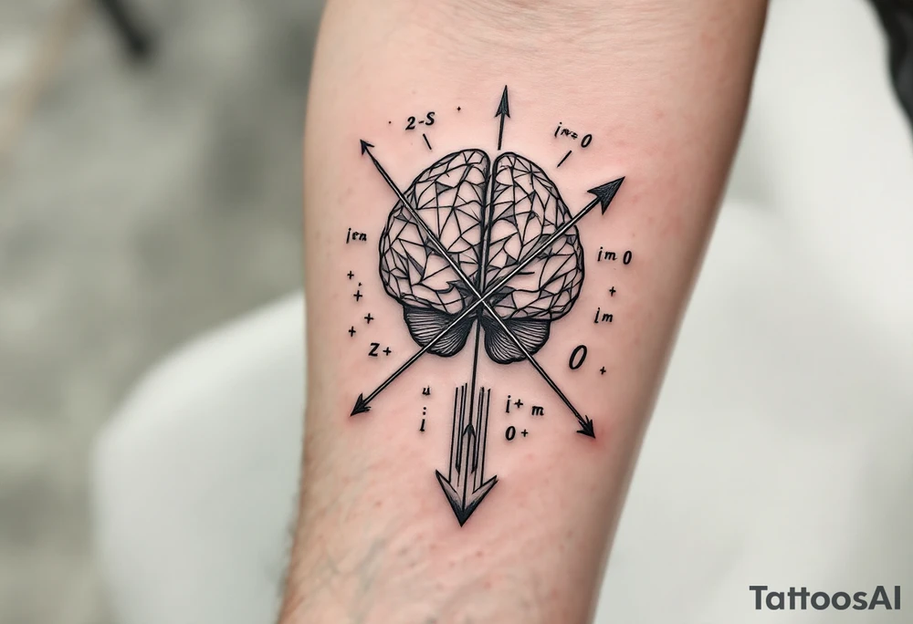 A front-seen brain in geometric and straight lines, math symbols arround. A detailed arrow crossing from below, with its tip desintegrating to represent entropy. Around of the main tattoo, math and physics formulas fill the space, including the formula "ΔS ≥ 0" and the formula "(iδ + m) Φ = 0" tattoo idea