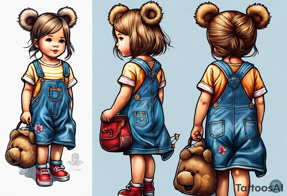 back image of a little girl in a dress, holding as kite , a teddy bear in overalls, standing beside her tattoo idea