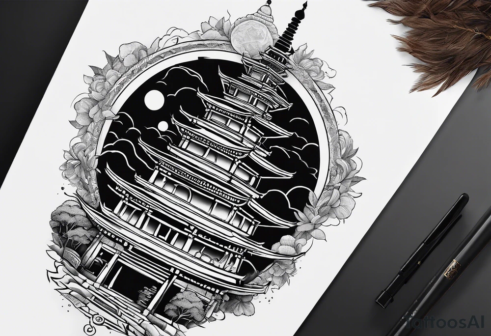 A long tattoo that has a map as a background with a Buddhist round stupa at the bottom tattoo idea