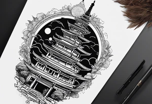 A long tattoo that has a map as a background with a Buddhist round stupa at the bottom tattoo idea