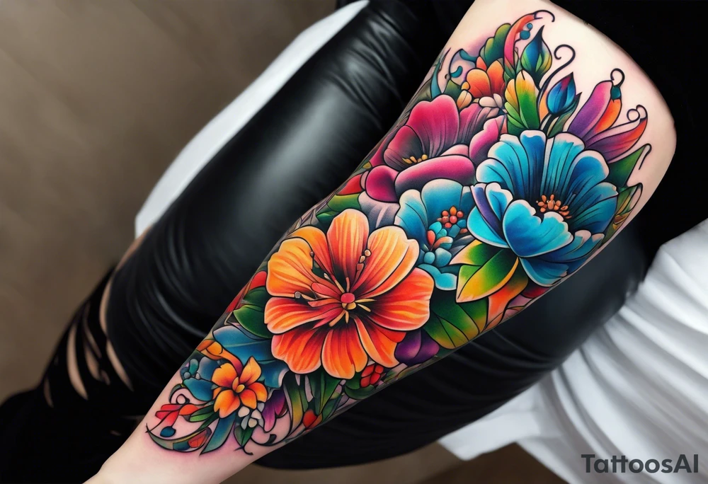 Arm sleeve dedicated to mom with rainbow flowers tattoo idea