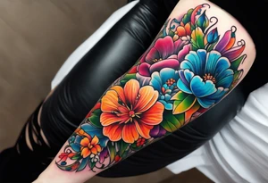 Arm sleeve dedicated to mom with rainbow flowers tattoo idea