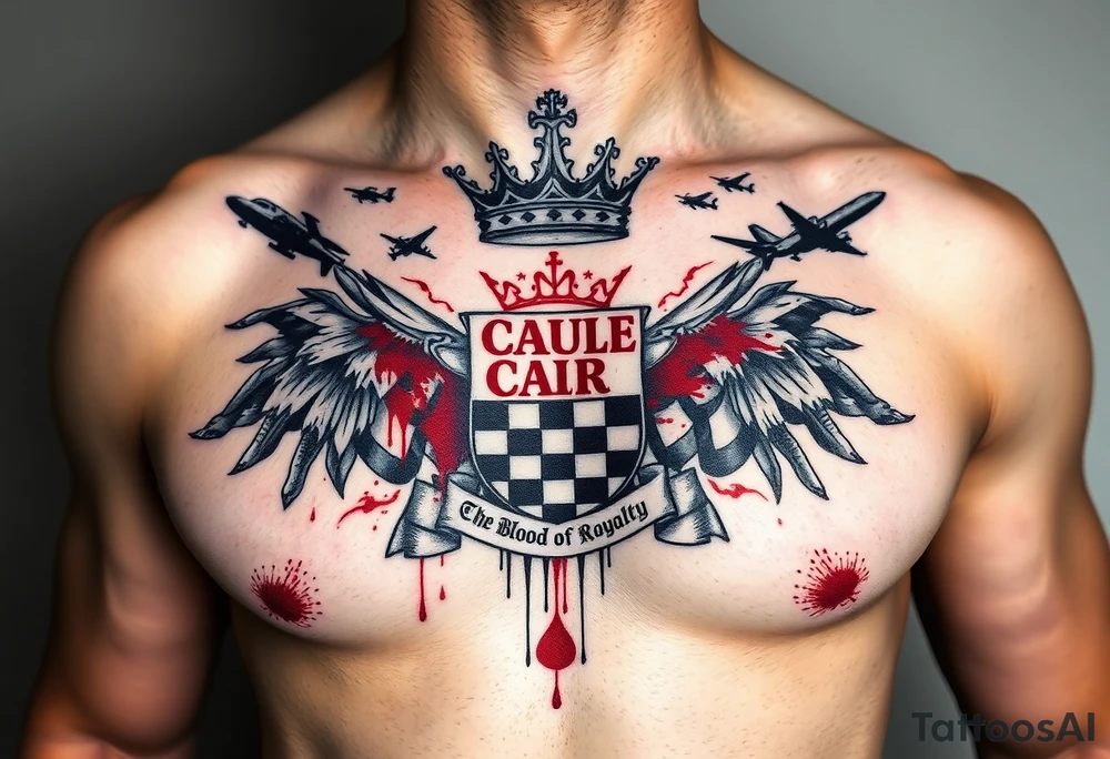 Men Doom Crest  with A Giant King Crown, CAUDLE written inside red, a chessboard, blood splatter on top of two  racing flags & OTF inside, The Words The Blood Of Royalty in red underneath the crest & 🌍 symbol in red outside of the crest, And raining blood drops, Jets/Airplanes/Helicopters/explosives flying above & Guns & Tanks & soldiers & knights plus ships tattoo idea