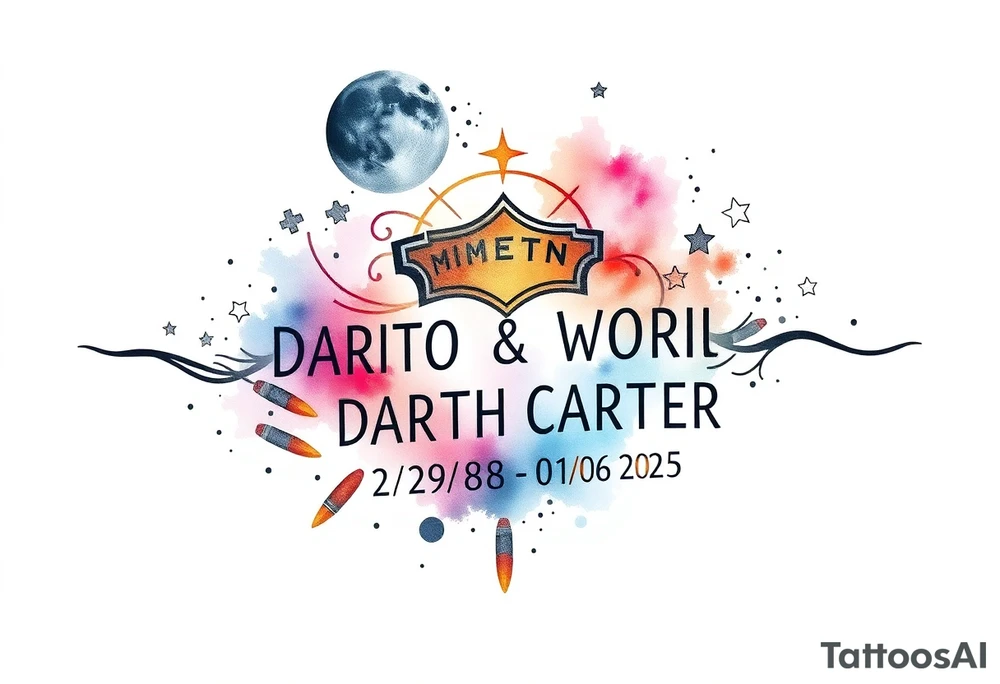 futuristic, spacey, memory tattoo: star wars, space, Harley Davidson, skateboarding, camping, puzzle pieces, video games, heaven, god, outdoors, bullets, words MEMENTO MORI & DARTH CARTER 12/29/88-01/06/2025 tattoo idea