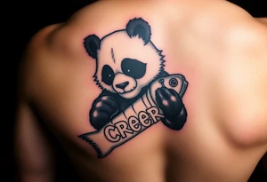 Wrestling panda holding a broken bass and the word creeper tattoo idea