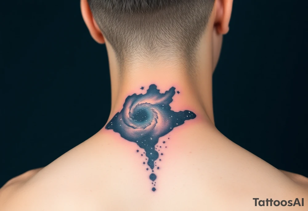 Beautiful and epic 3d milky way that appears to be what is beneath the skin. Make it drape over the shoulder and move to the middle back. use negative spaces to create stars and dust. Incorporate God breathing life into the universe. Keep it symmetrical tattoo idea