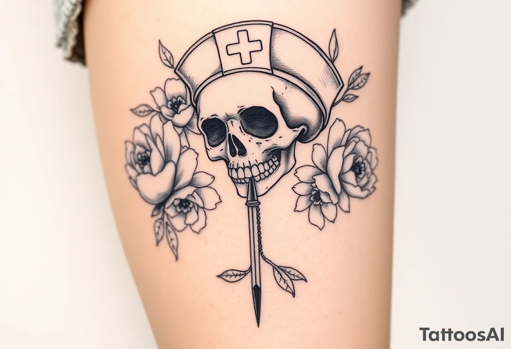 Pretty Nurse skull holding a needle with peonies and honey combs background tattoo idea