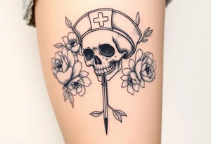 Pretty Nurse skull holding a needle with peonies and honey combs background tattoo idea