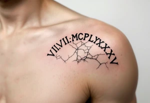 Dark ink VI.VIII.MCMLXXXV arched over the shoulder blade, with cracked marble texture for a timeless look. tattoo idea