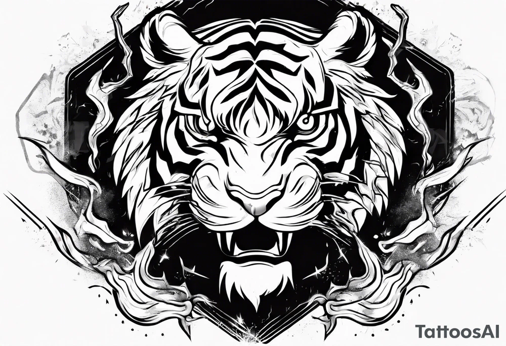 Ancient tiger with lightning and a sun for a forearm sleeve tattoo idea