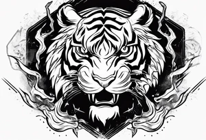 Ancient tiger with lightning and a sun for a forearm sleeve tattoo idea