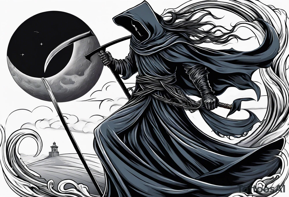 Grim reaper and scythe with moon behind cloak wind blown tattoo idea