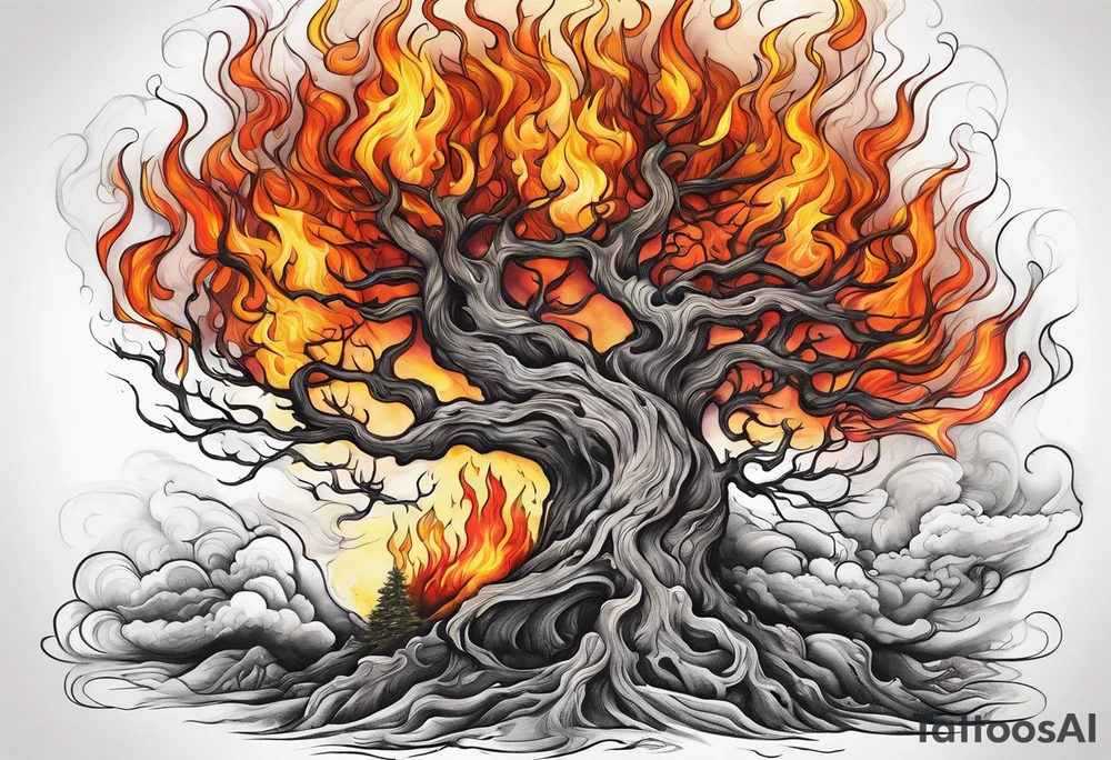enormous old tree engulfed in flames of fire tattoo idea