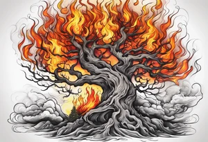 enormous old tree engulfed in flames of fire tattoo idea