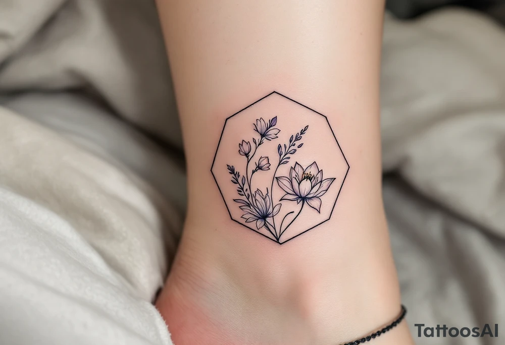 Leo sign, larkspur and water lily surrounded by a hexagon tattoo idea