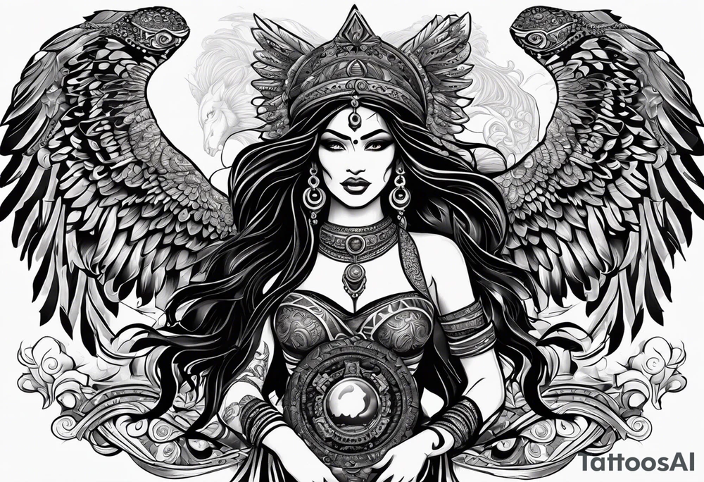black kali, goddess pirate, alien, angel, pachamama, valkrye, warrior, flying, skull, lotus azul, wing, eagle, zenza resonance, stars, 5D, anahata chakra, death, durga, riding on a tiger, flying lady, kundalini, chest tatoo, samuri, rebel tattoo idea