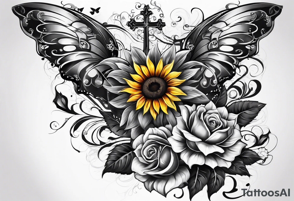 Arm sleeve with Winged cross with sunflower and butterflies tattoo idea