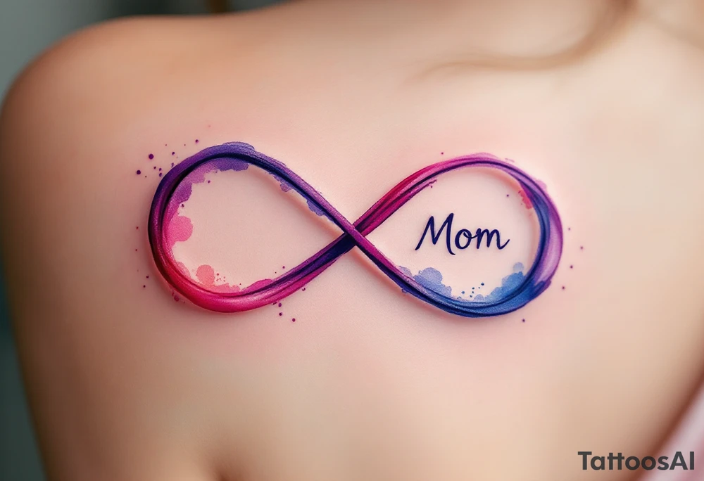 A watercolor infinity symbol in soft pinks and purples entwined with the word “Mom” reflects unending maternal devotion. tattoo idea