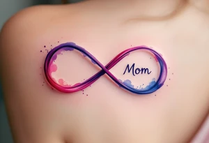 A watercolor infinity symbol in soft pinks and purples entwined with the word “Mom” reflects unending maternal devotion. tattoo idea