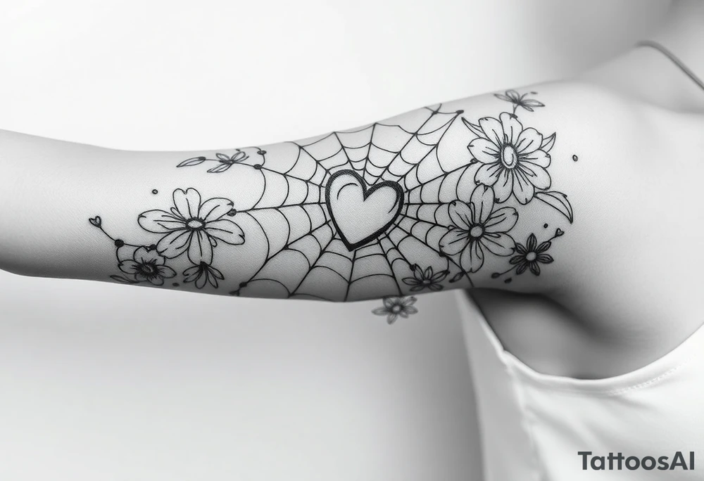spiderweb with heart and flowers tattoo idea
