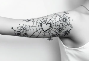 spiderweb with heart and flowers tattoo idea