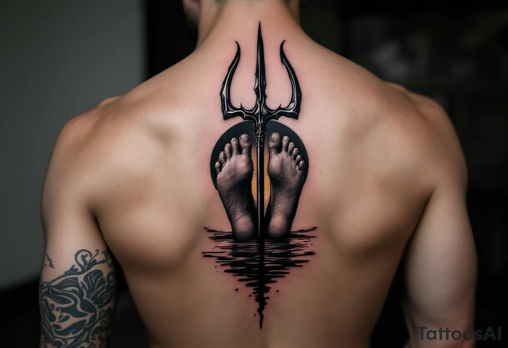 barefeet behind trident with water and sunset tattoo idea
