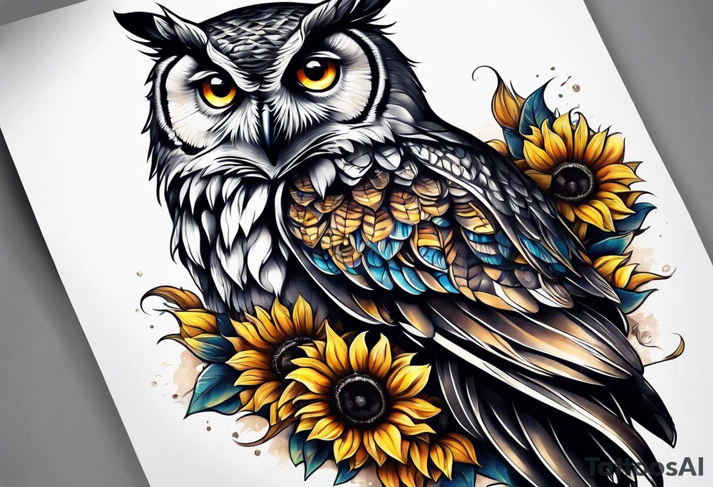Owl with sunflowers leg sleeve tattoo idea