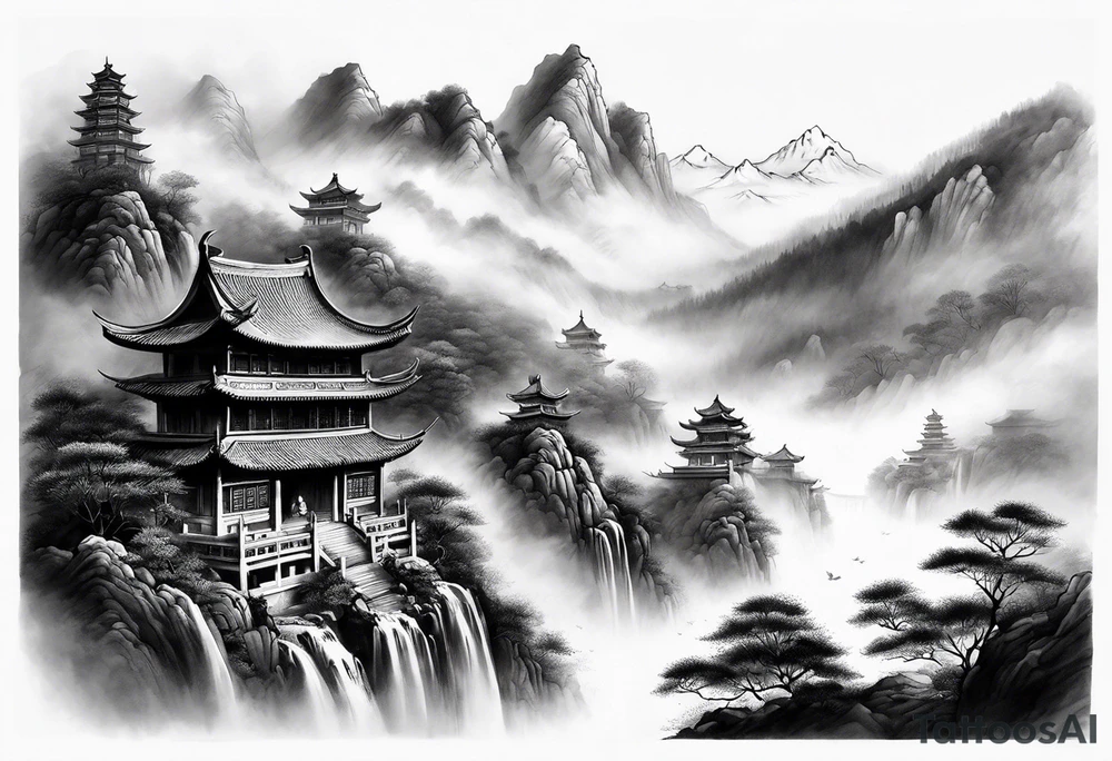 forearm sleeve traditional chinese art painting style autumn mountains mist fog water Chinese temple 2 males wearing robes seated drinking tea tattoo idea