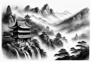 forearm sleeve traditional chinese art painting style autumn mountains mist fog water Chinese temple 2 males wearing robes seated drinking tea tattoo idea