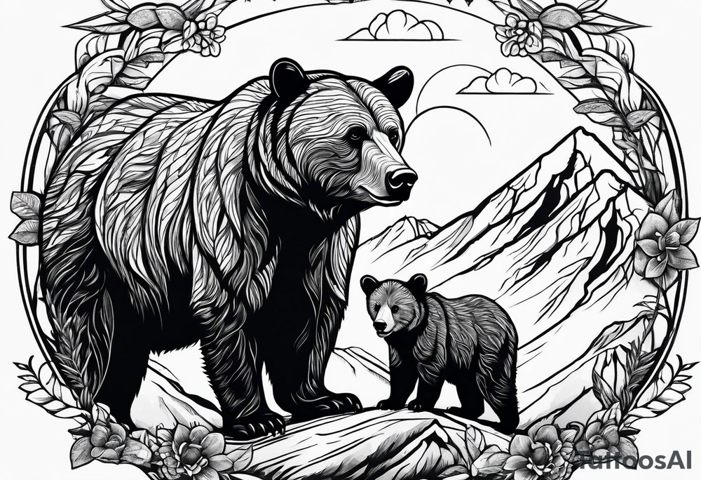 mamma bear and cub with mountains tattoo idea
