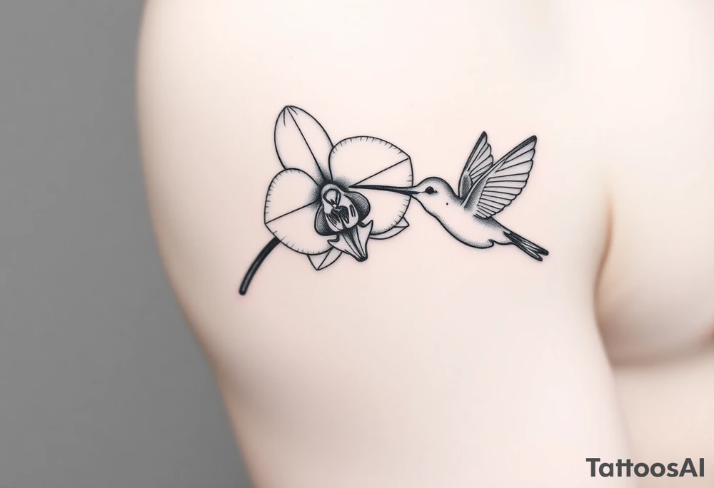 A delicate, black and white fine-line tattoo for make, featuring a gracefully detailed orchid in full bloom (stem and at least 2 flowers), with soft, intricate petals and elegant curves. Beside it, a hummingbird hovers mid-flight, its wings drawn with subtle motion lines, its slender beak reaching toward the orchid’s center to drink its nectar. The design captures a sense of balance and harmony, with the contrast between the stillness of the flower and the gentle energy of the bird. Perfectly suited for the upper arm, this piece combines nature’s beauty and movement in a timeless style tattoo idea
