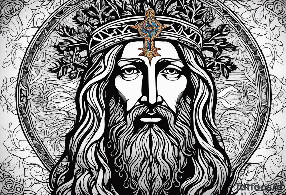 haloed head of a flat stern Byzantine Christ with all-demanding eyes with a tall, prominent, pecan tree with roots tattoo idea