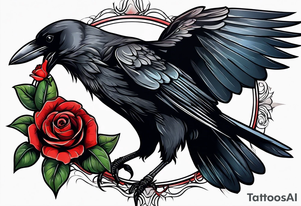 Crow standing holding a red rose tattoo idea