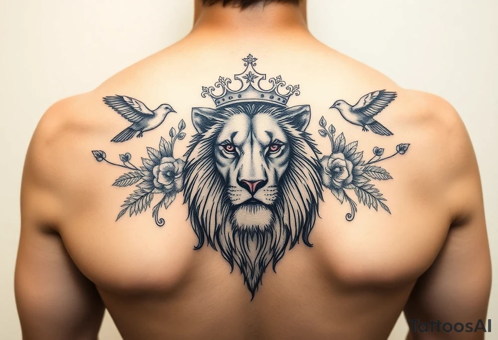 powerful majestic lion with a crown, surrounded by floral ornaments and birds tattoo idea