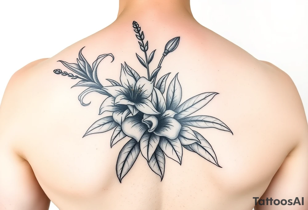 lilies and spider plant in a floral wrap on the arm tattoo idea