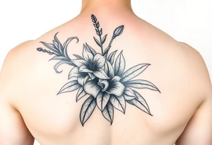 lilies and spider plant in a floral wrap on the arm tattoo idea