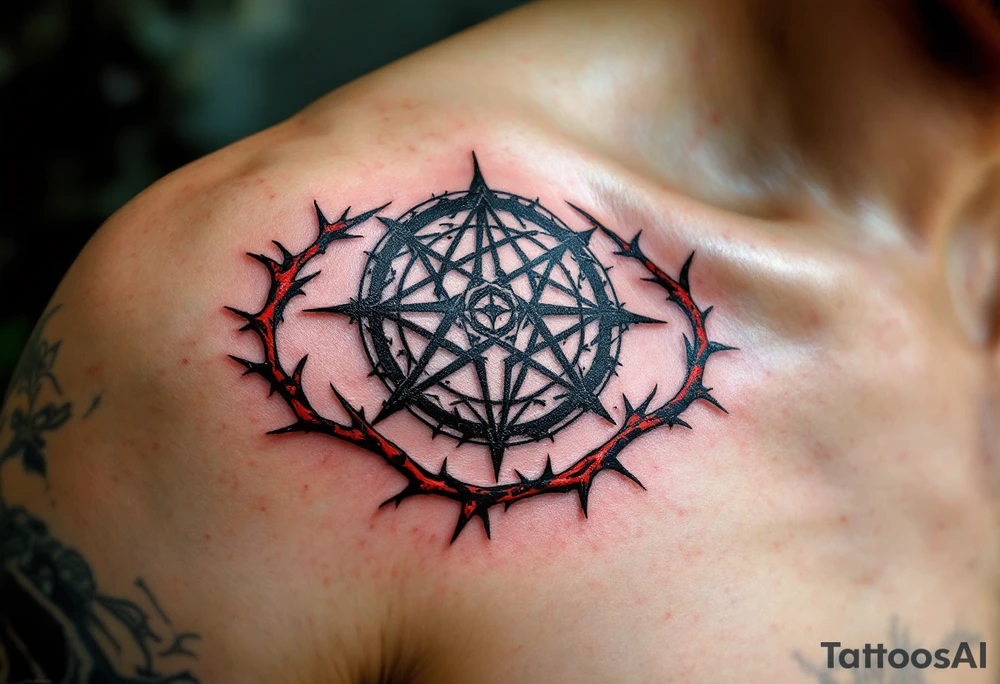 A black protective sigil on parchment-toned skin, encased in a circle of red thorns. tattoo idea