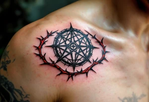 A black protective sigil on parchment-toned skin, encased in a circle of red thorns. tattoo idea